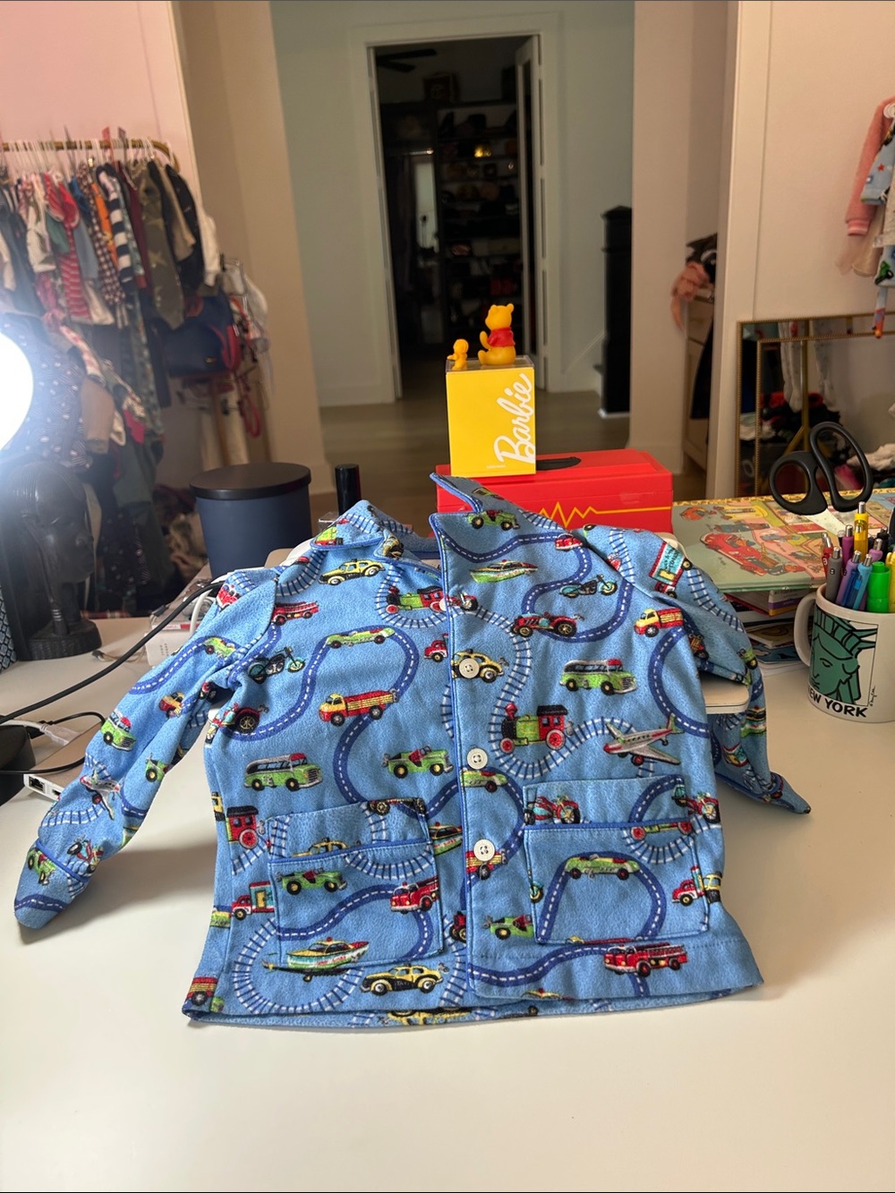 Nick & Nora Blue Kids Pajama Top with Colorful Vehicle Print just top 2T